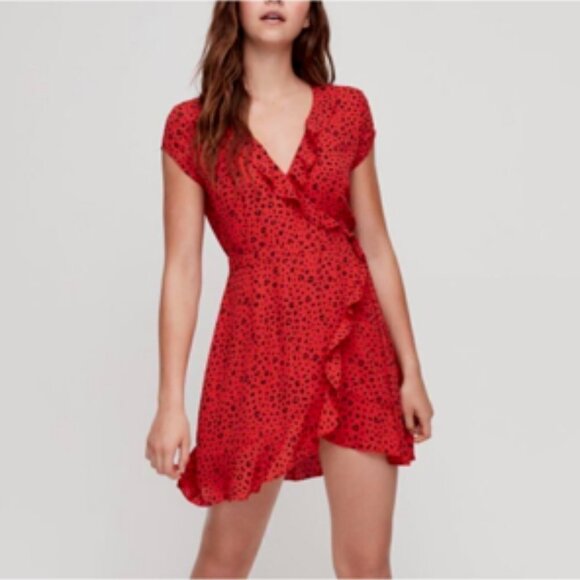 Sunday Best by Aritzia Ruffled Wrap Mini Dress Red Polka Dot Leopard Print 6 - Picture 1 of 9